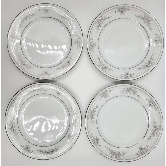 4 Noritake Sweet Leilani 3482 Salad Plates 8 3/8" Gray Pink Roses Platinum Trim - Picture 4 of 9